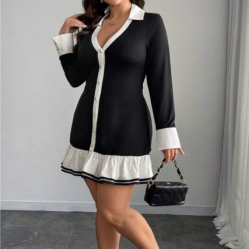 Black and White Pleated Babydoll Dress with Oversized Bow